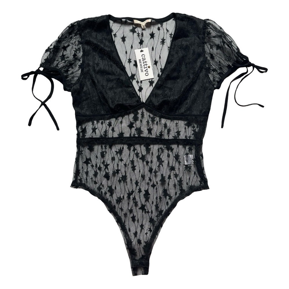 NWT Le Lis Star Power All Black Mesh Star Print Bodysuit
